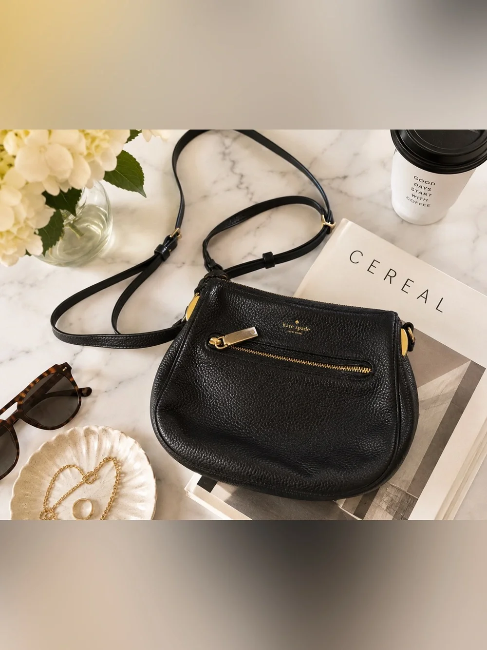 Kate Spade New York Black Pebbled Leather Crossbody Bag Gold Hardware Adjustable